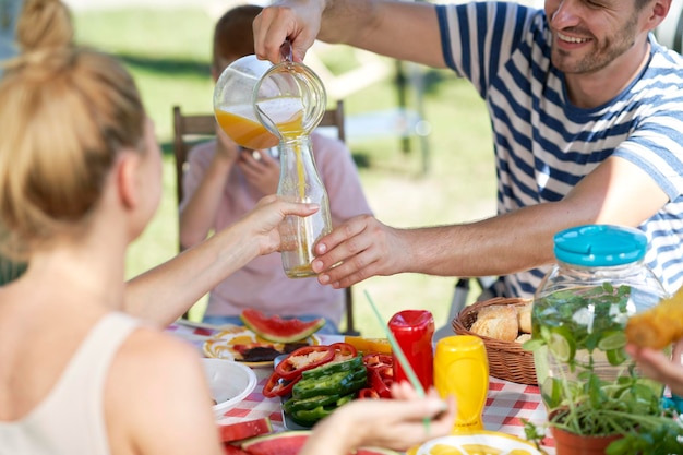 Família comemorando piquenique de verão juntos
