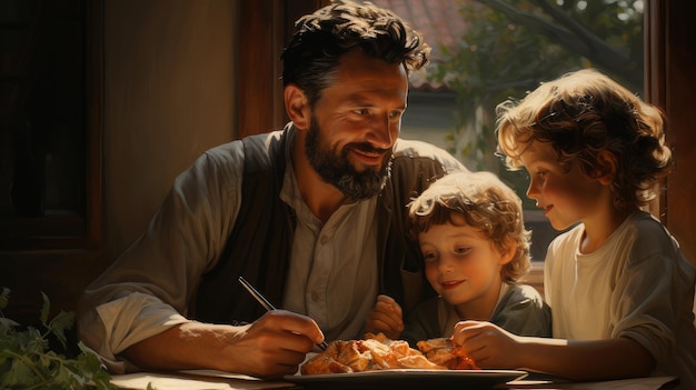 Foto familia comiendo pizza