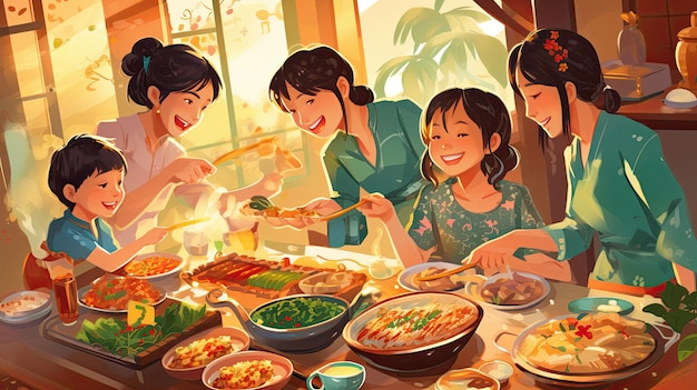 una familia comiendo en un restaurante.