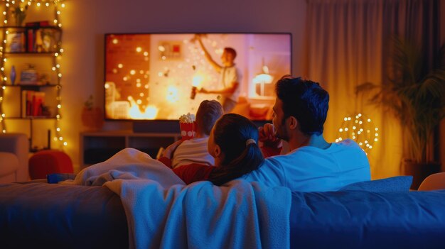 Familia compartiendo entretenimiento en la TV en la habitación débilmente iluminada AIG41