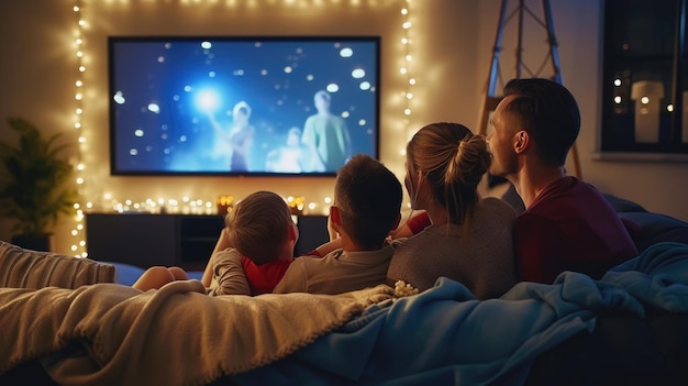 Familia compartiendo entretenimiento en la TV en la habitación débilmente iluminada AIG41