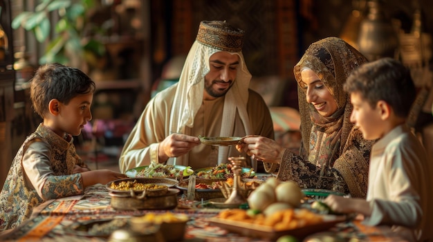 Familia compartiendo una generosa comida de Eid con niños comprometidos y ancianos sirviendo comida