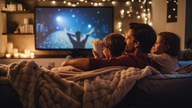 Foto família compartilhando entretenimento na tv em uma sala mal iluminada