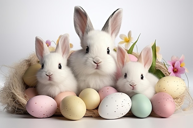 Familia de conejos blancos y huevos de Pascua coloridos en un fondo blanco aislado