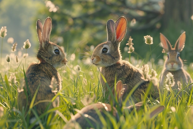 Una familia de conejos jugando en un campo