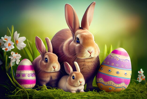 Familia de conejos en el nido con muchos huevos de Pascua coloridos para el Día de Pascua feliz Fondo de tarjeta de felicitación Concepto de animales y mascotas IA generativa