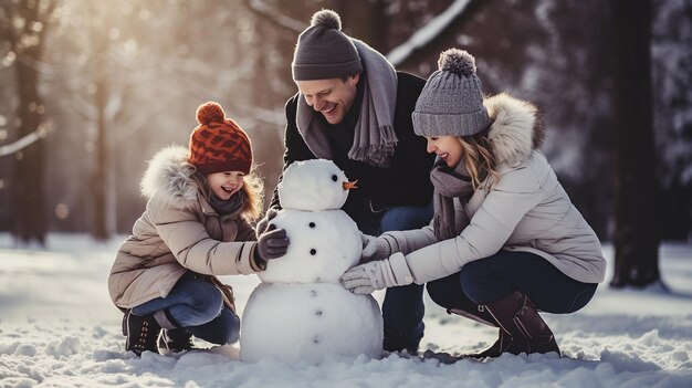 una familia construyendo un muñeco de nieve en el parque