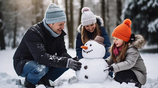 una familia construyendo un muñeco de nieve