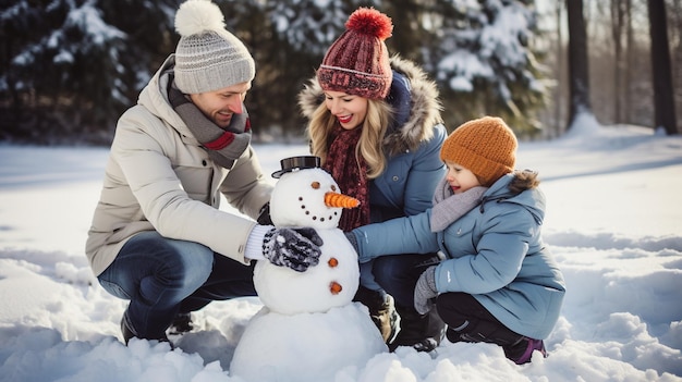 una familia construyendo un muñeco de nieve