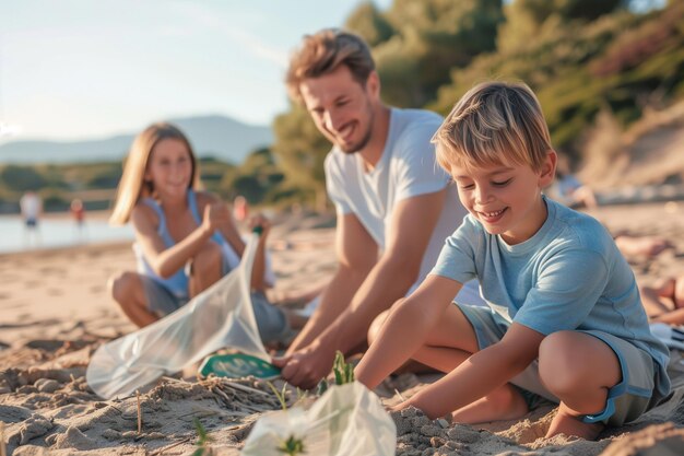 Una familia contribuye a la limpieza de la playa