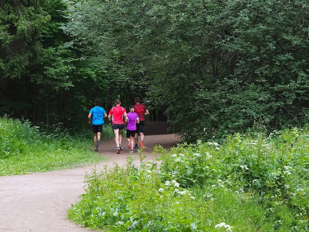 Una familia de corredores en una mañana trotar en el parque