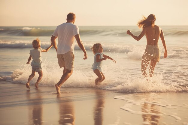 Una familia corriendo hacia el agua en la playa IA generativa