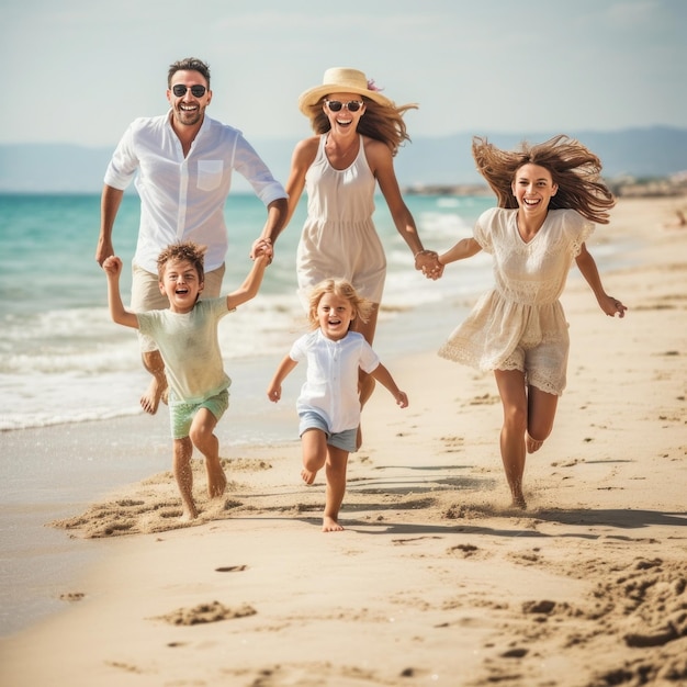 Familia corriendo en la playa