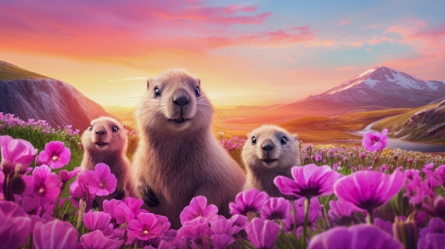 Una familia con crías de marmotas esponjosas salió de su agujero en las montañas en un soleado día de primavera