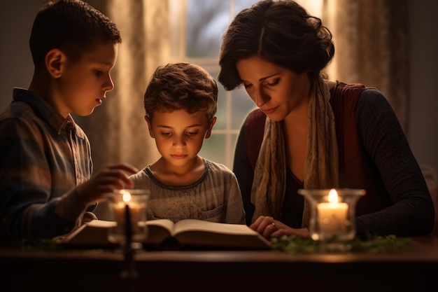 Foto una familia cristiana orando juntos en casa