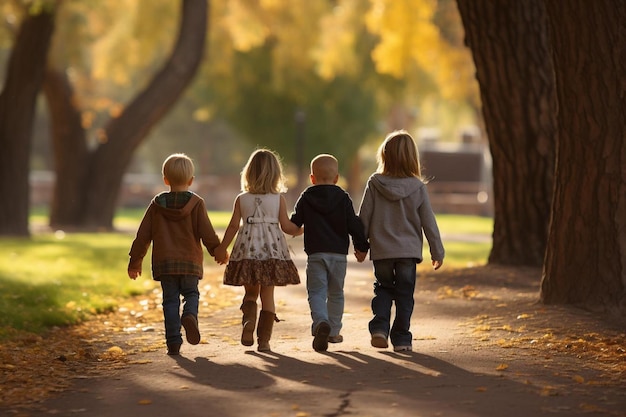 una familia de cuatro caminando por un camino en otoño