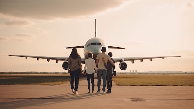 Una familia de cuatro se para frente a un avión.