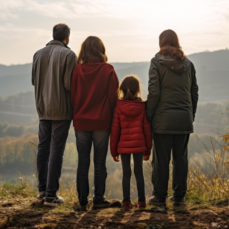 Familia de cuatro padres y dos hijos de pie en la cima de una colina mirando a la distancia