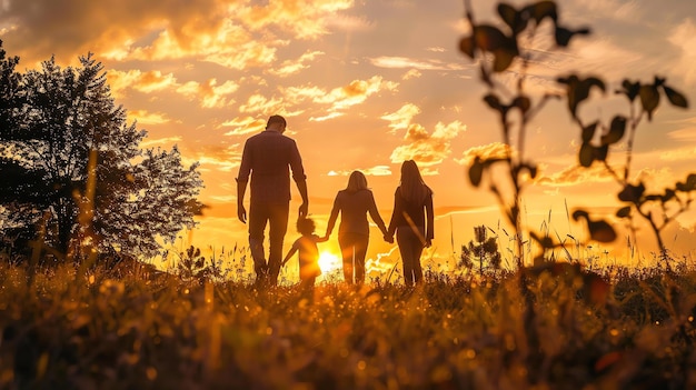 Foto una familia de cuatro personas está caminando a través de un campo de hierba alta al atardecer el sol se está poniendo detrás de ellos proyectando un caloroso resplandor sobre la escena