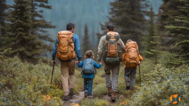 Una familia de cuatro personas está de excursión en las montañas