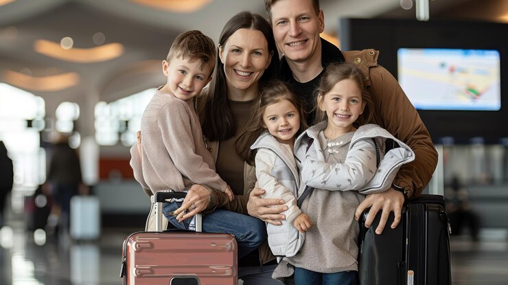 Una familia de cuatro personas está posando para una foto en un aeropuerto con dos maletas