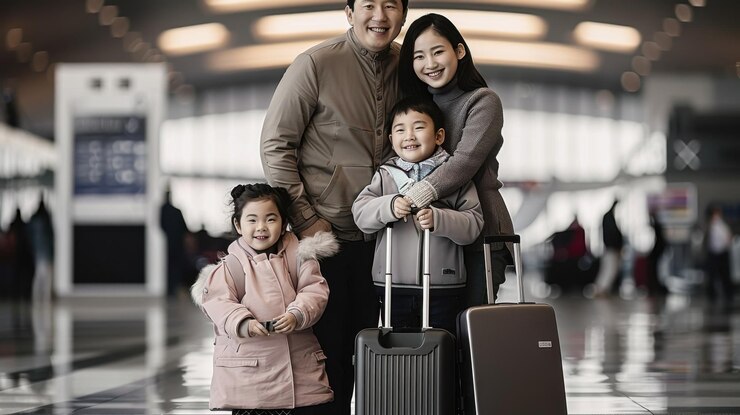 Una familia de cuatro personas está posando para una foto en un aeropuerto con dos maletas