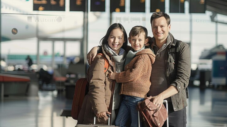 Una familia de cuatro personas está posando para una foto en un aeropuerto con dos maletas