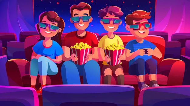 Una familia de cuatro personas está viendo una película en un cine, todos llevan gafas 3D y comen palomitas de maíz.