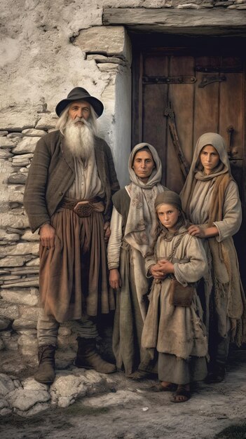 una familia de cuatro personas de pie frente a una pared de piedra