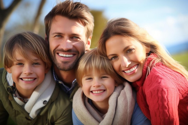 una familia de cuatro personas posan para una foto en el parque