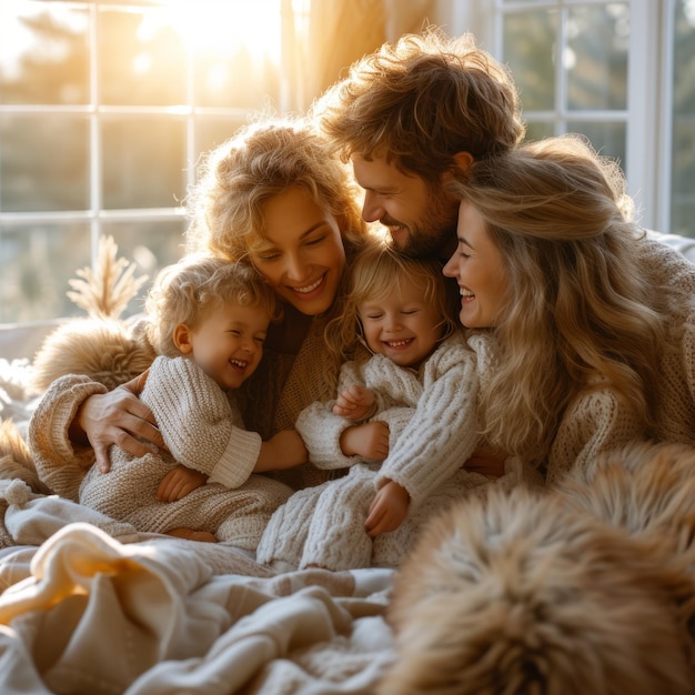 Foto familia de cuatro personas con ropa cálida sentada en una cama y sonriendo