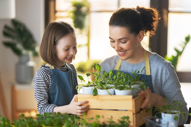 Família cuidando de plantas