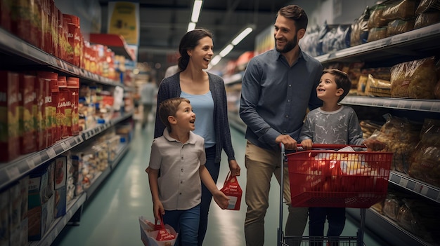 Foto família de 6 pessoas caminhando em torno de um supermercado, incluindo a mãe