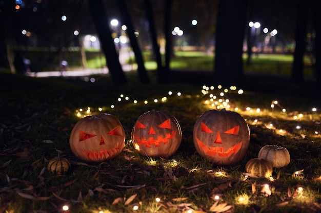 Foto família de abóboras de halloween no parque outono