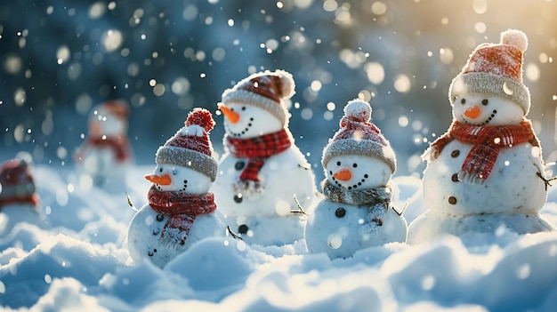 Família de bonecos de neve com chapéu e lenço de Papai Noel em fundo coberto de neve