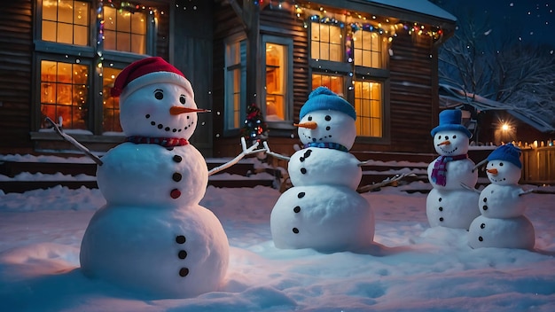 Família de bonecos de neve em frente à casa decorada para o Natal e o Ano Novo