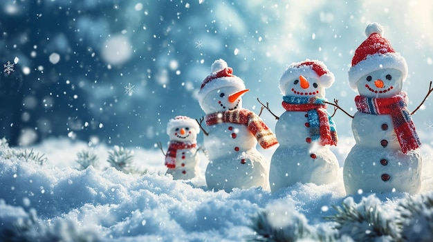 Família de bonecos de neve em fundo de neve conceito de Natal e Ano Novo