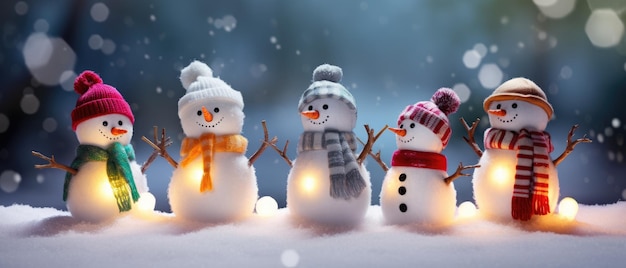 Foto família de bonecos de neve em um fundo de inverno fundo de natal bonecos de neve engraçados na bandeira de neve