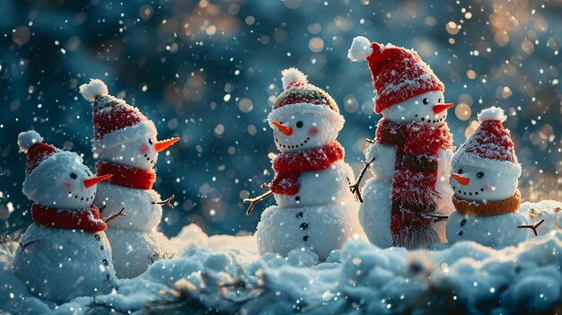 Família de bonecos de neve na floresta de inverno conceito de Natal e Ano Novo