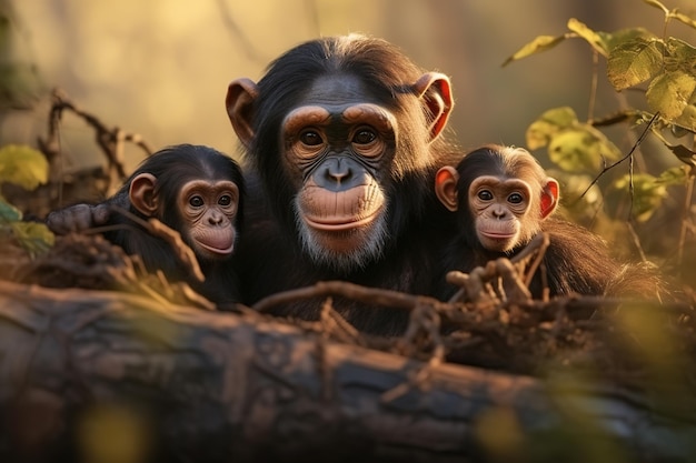 Família de chimpanzés na floresta Mamíferos Animais selvagens Ilustração IA generativa