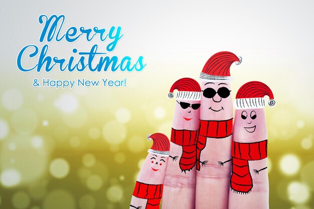 Família de dedo feliz vestido cachecol e chapéu de Papai Noel