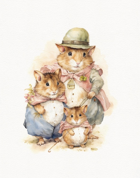 Família de desenho em aquarela de hamsters hamster de roedor de desenho animado