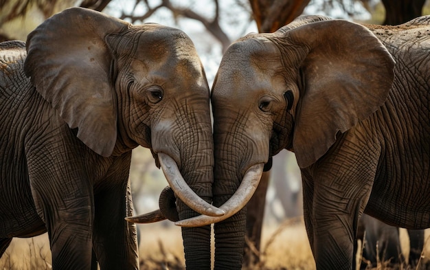 Família de elefantes a partilhar um momento juntos.
