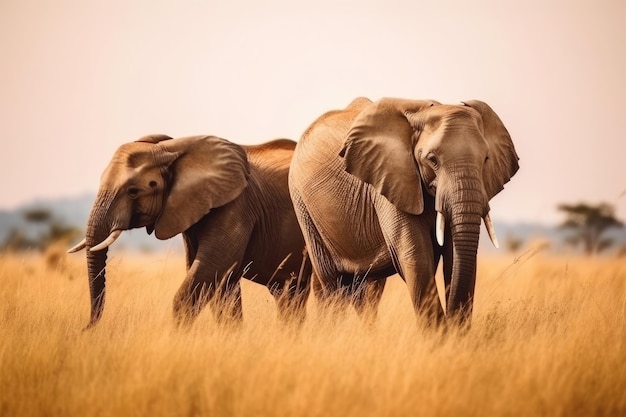 Família de elefantes africanos caminhando no parque Savanna, habitat da vida selvagem animal Generative AI