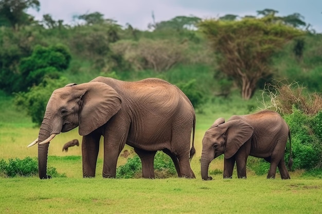 Família de elefantes africanos caminhando no parque Savanna, habitat da vida selvagem animal Generative AI