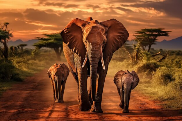 Foto família de elefantes africanos na savana, cercada por vegetação exuberante e vida selvagem diversificada