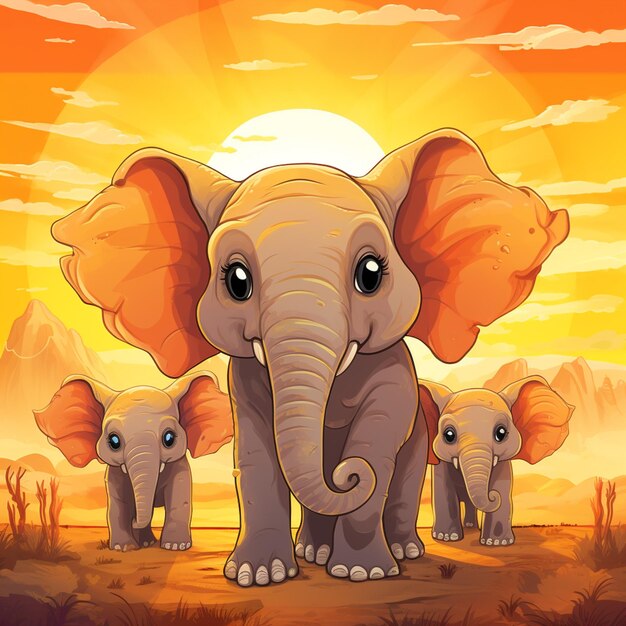 família de elefantes de desenho animado no deserto com o pôr do sol generativo ai