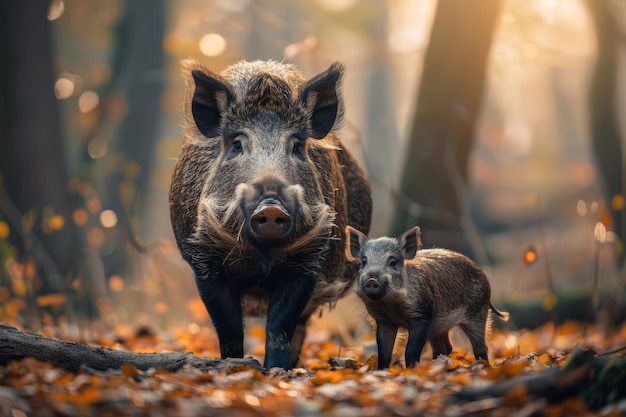 Família de javalis com bebê na floresta IA generativa