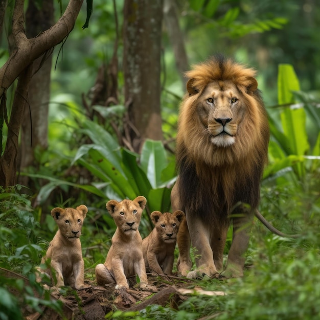 Família de leão com IA generativa de leão adulto de juba marrom