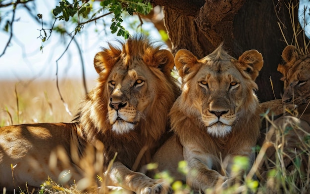 Família de leões descansando sob a sombra de uma árvore